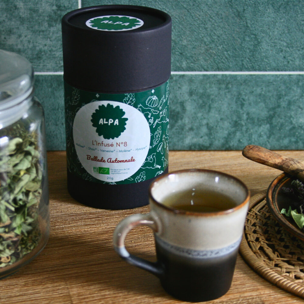 Infusé N°8 – Ballade Automnale dans un pot en kraft noir, posé sur le plan de travail d’une cuisine, accompagné de ses ingrédients dans un bocal en verre et d’une petite tasse de tisane.
