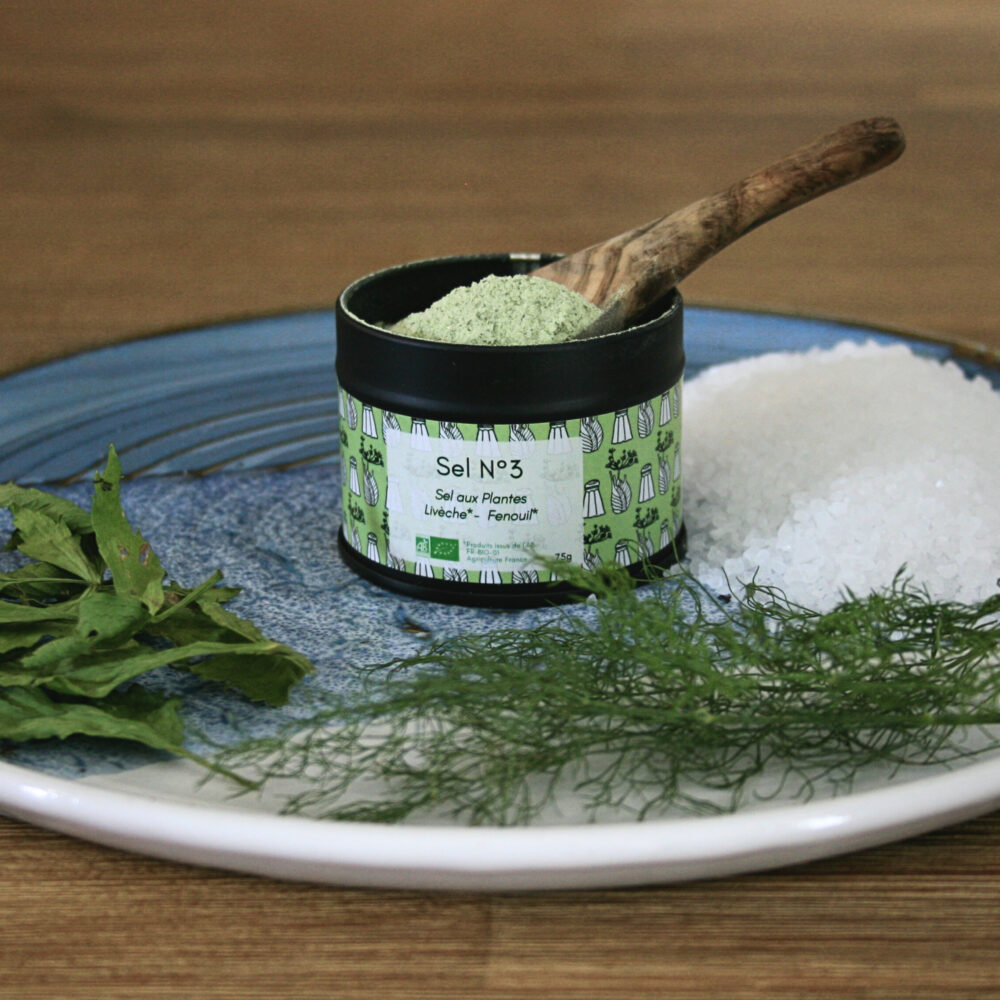 Pot en métal noir ouvert, avec une cuillère en bois remplie de sel moulu, posé dans une assiette en grès sur une table en bois, avec de la livèche et du fenouil séchés, et du gros sel à côté.